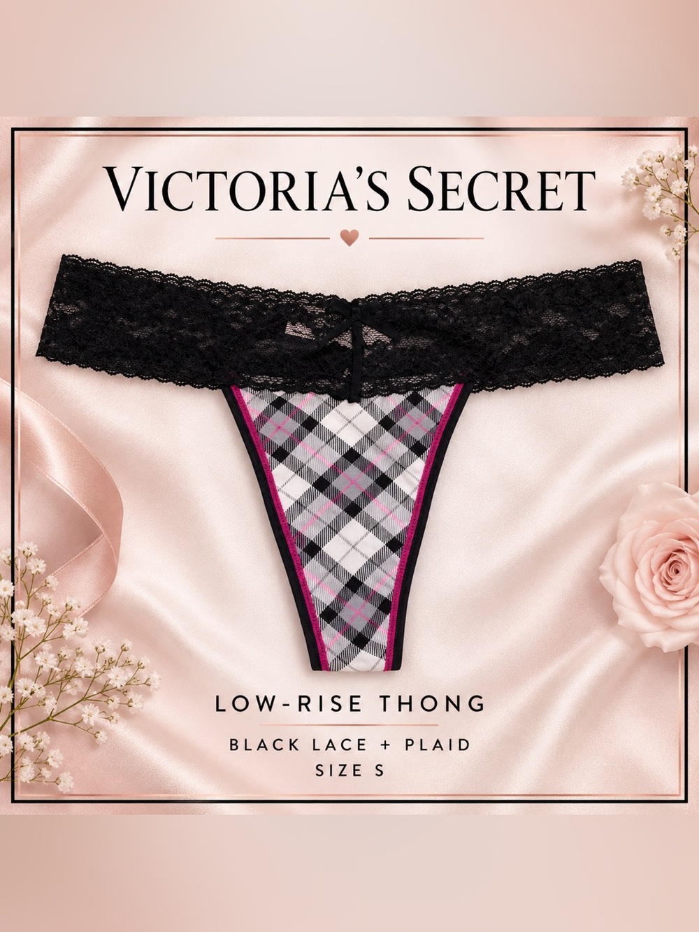 NWT Victoria’s Secret Plaid Lace Low-Rise Thong S